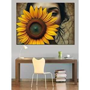 Günebakan Ve Kadın Dekoratif Kanvas - Mdf Ahşap Tablo 100x140 cm