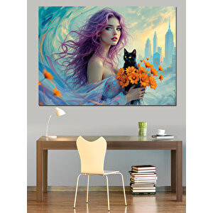 Mor Saçlı Kadın Dekoratif Kanvas - Mdf Ahşap Tablo 70x100 cm