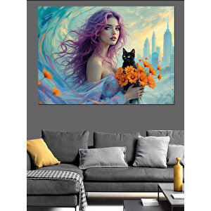 Mor Saçlı Kadın Dekoratif Kanvas - Mdf Ahşap Tablo 70x100 cm