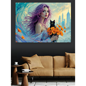 Mor Saçlı Kadın Dekoratif Kanvas - Mdf Ahşap Tablo 70x100 cm