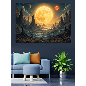 Dolunaylı Dağ Manzarası Dekoratif Kanvas - Mdf Ahşap Tablo 70x100 cm