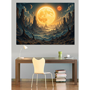Dolunaylı Dağ Manzarası Dekoratif Kanvas - Mdf Ahşap Tablo 70x100 cm