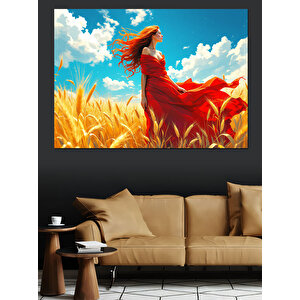 Buğday Tarlasında Kadın Dekoratif Kanvas - Mdf Ahşap Tablo 100x140 cm