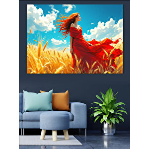 Buğday Tarlasında Kadın Dekoratif Kanvas - Mdf Ahşap Tablo 100x140 cm