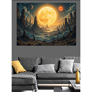 Dolunaylı Dağ Manzarası Dekoratif Kanvas - Mdf Ahşap Tablo