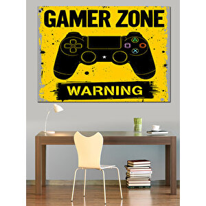 Sarı Uyarılı Gamer Zone Posteri Dekoratif Kanvas - Mdf Ahşap Tablo 35x50 cm