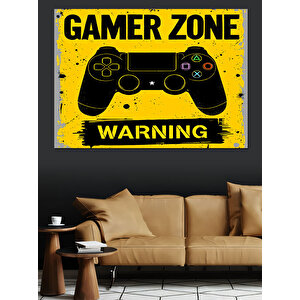 Sarı Uyarılı Gamer Zone Posteri Dekoratif Kanvas - Mdf Ahşap Tablo