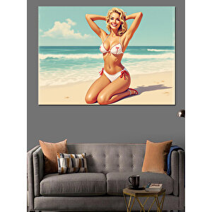 Plajda Mutlu Kadın Dekoratif Kanvas - Mdf Ahşap Tablo 70x100 cm
