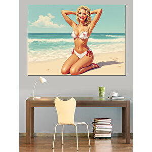 Plajda Mutlu Kadın Dekoratif Kanvas - Mdf Ahşap Tablo 70x100 cm