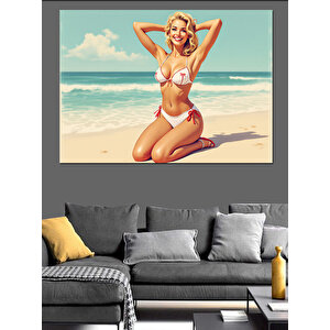 Plajda Mutlu Kadın Dekoratif Kanvas - Mdf Ahşap Tablo 70x100 cm