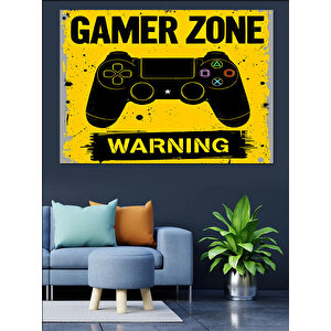 Sarı Uyarılı Gamer Zone Posteri Dekoratif Kanvas - Mdf Ahşap Tablo
