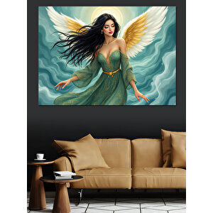 Yeşil Elbiseli Melek Kadın Dekoratif Kanvas - Mdf Ahşap Tablo 100x140 cm