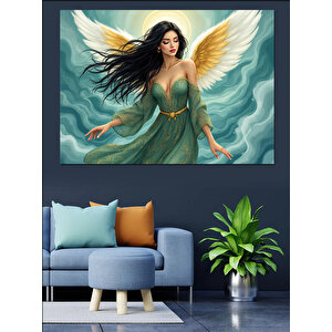 Yeşil Elbiseli Melek Kadın Dekoratif Kanvas - Mdf Ahşap Tablo 100x140 cm