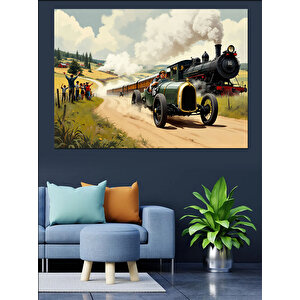 Buharlı Eski Tren Yarışı Dekoratif Kanvas - Mdf Ahşap Tablo 25x35 cm