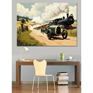Buharlı Eski Tren Yarışı Dekoratif Kanvas - Mdf Ahşap Tablo 25x35 cm