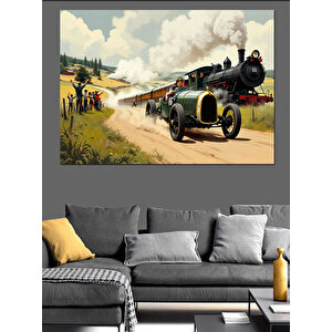 Buharlı Eski Tren Yarışı Dekoratif Kanvas - Mdf Ahşap Tablo