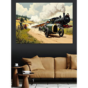 Buharlı Eski Tren Yarışı Dekoratif Kanvas - Mdf Ahşap Tablo