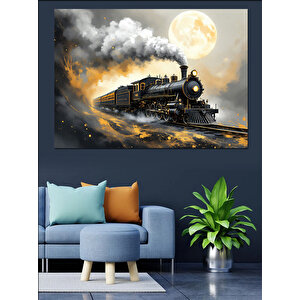 Gece Dumanlı Buharlı Tren Dekoratif Kanvas - Mdf Ahşap Tablo 35x50 cm