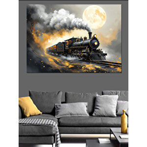Gece Dumanlı Buharlı Tren Dekoratif Kanvas - Mdf Ahşap Tablo