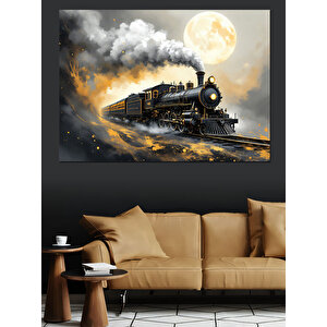 Gece Dumanlı Buharlı Tren Dekoratif Kanvas - Mdf Ahşap Tablo