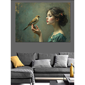 Serçeli Zarif Kadın Dekoratif Kanvas - Mdf Ahşap Tablo 35x50 cm