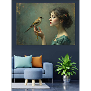 Serçeli Zarif Kadın Dekoratif Kanvas - Mdf Ahşap Tablo