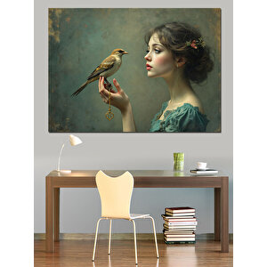Serçeli Zarif Kadın Dekoratif Kanvas - Mdf Ahşap Tablo 70x100 cm
