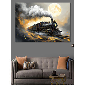 Gece Dumanlı Buharlı Tren Dekoratif Kanvas - Mdf Ahşap Tablo 50x70 cm