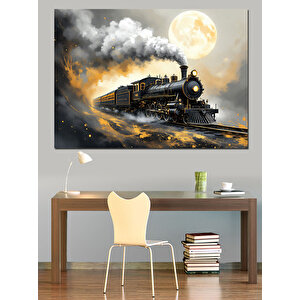 Gece Dumanlı Buharlı Tren Dekoratif Kanvas - Mdf Ahşap Tablo 50x70 cm