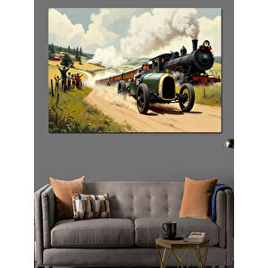 Buharlı Eski Tren Yarışı Dekoratif Kanvas - Mdf Ahşap Tablo 35x50 cm
