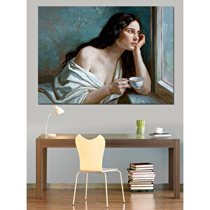 Kupa Tutan Düşünen Kadın Dekoratif Kanvas - Mdf Ahşap Tablo