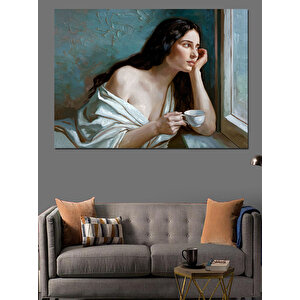 Kupa Tutan Düşünen Kadın Dekoratif Kanvas - Mdf Ahşap Tablo 25x35 cm