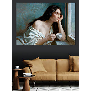 Kupa Tutan Düşünen Kadın Dekoratif Kanvas - Mdf Ahşap Tablo 35x50 cm