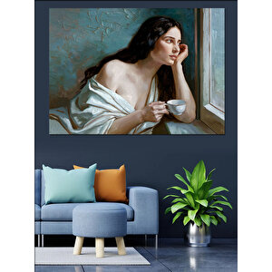 Kupa Tutan Düşünen Kadın Dekoratif Kanvas - Mdf Ahşap Tablo 35x50 cm