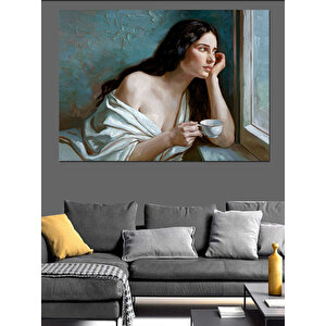 Kupa Tutan Düşünen Kadın Dekoratif Kanvas - Mdf Ahşap Tablo