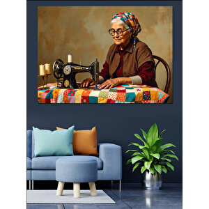 Dikiş Makinesinde Çalışan Kadın Dekoratif Kanvas - Mdf Ahşap Tablo 25x35 cm