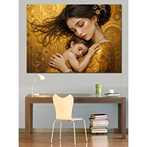 Altın Zemin Anne Ve Bebek Dekoratif Kanvas - Mdf Ahşap Tablo 100x140 cm