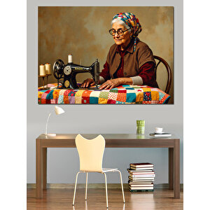 Dikiş Makinesinde Çalışan Kadın Dekoratif Kanvas - Mdf Ahşap Tablo