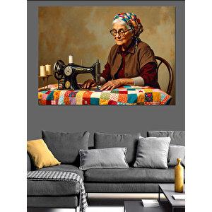 Dikiş Makinesinde Çalışan Kadın Dekoratif Kanvas - Mdf Ahşap Tablo 100x140 cm