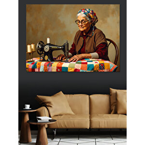 Dikiş Makinesinde Çalışan Kadın Dekoratif Kanvas - Mdf Ahşap Tablo 100x140 cm