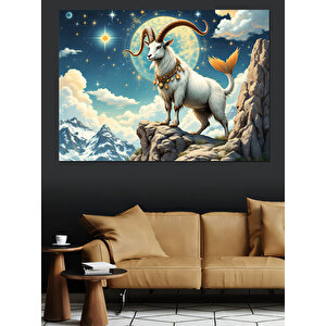 Dağ Zirvesinde Beyaz Oğlak Dekoratif Kanvas - Mdf Ahşap Tablo 70x100 cm