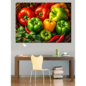 Renkli Taze Biber Detayı Dekoratif Kanvas - Mdf Ahşap Tablo 100x140 cm