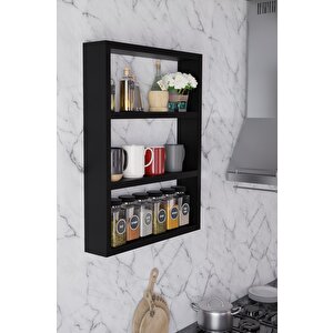 3 Katlı Duvar Rafı 43×60 Cm – Mutfak Baharatlık & Kupa Düzenleyici, Banyo Ve Salon Dekor Rafı - Siyah
