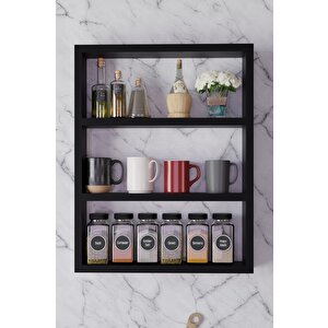 3 Katlı Duvar Rafı 43×60 Cm – Mutfak Baharatlık & Kupa Düzenleyici, Banyo Ve Salon Dekor Rafı - Siyah