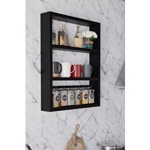 3 Katlı Duvar Rafı 43×60 Cm – Mutfak Baharatlık & Kupa Düzenleyici, Banyo Ve Salon Dekor Rafı - Siyah