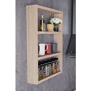 3 Katlı Duvar Rafı 43×60 Cm – Mutfak Baharatlık & Kupa Düzenleyici, Banyo Ve Salon Dekor Rafı - Meşe