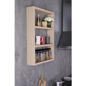 3 Katlı Duvar Rafı 43×60 Cm – Mutfak Baharatlık & Kupa Düzenleyici, Banyo Ve Salon Dekor Rafı - Meşe