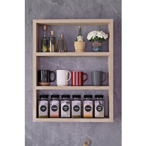 3 Katlı Duvar Rafı 43×60 Cm – Mutfak Baharatlık & Kupa Düzenleyici, Banyo Ve Salon Dekor Rafı - Meşe