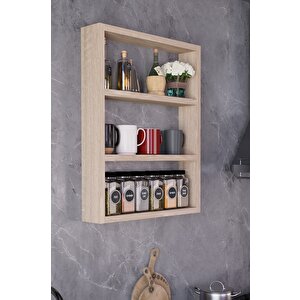 3 Katlı Duvar Rafı 43×60 Cm – Mutfak Baharatlık & Kupa Düzenleyici, Banyo Ve Salon Dekor Rafı - Meşe