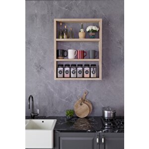 3 Katlı Duvar Rafı 43×60 Cm – Mutfak Baharatlık & Kupa Düzenleyici, Banyo Ve Salon Dekor Rafı - Meşe